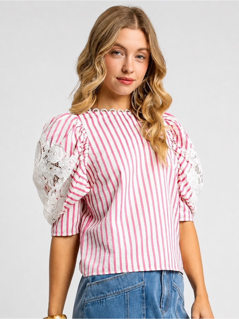 NWT Umgee Pink White Stripe Lace Puff Sleeve Blouse Size Medium